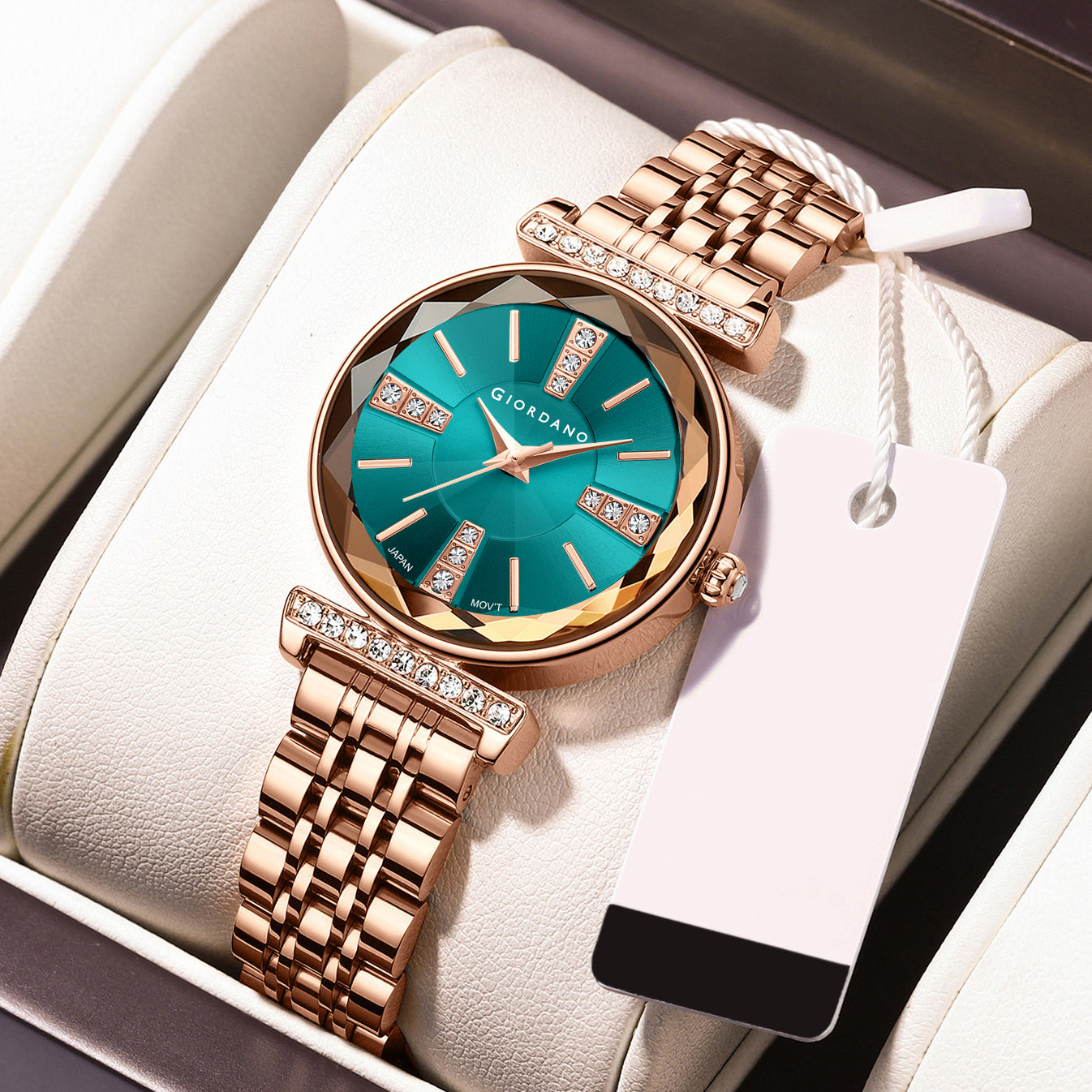 Giordano Stylish Diamond Studded Analog Wrist Watch for Women with Elegant Diamond Cut Glass and Stainless Steel Strap | GZ-60084-22